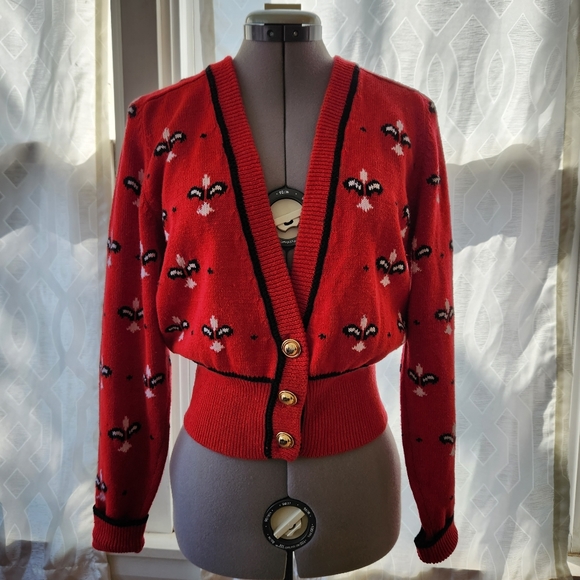 Valerie Peyson Sweaters - Valerie Peyson Vintage 80s Medium Red Gold Long Sleeve Cardigan Sweater